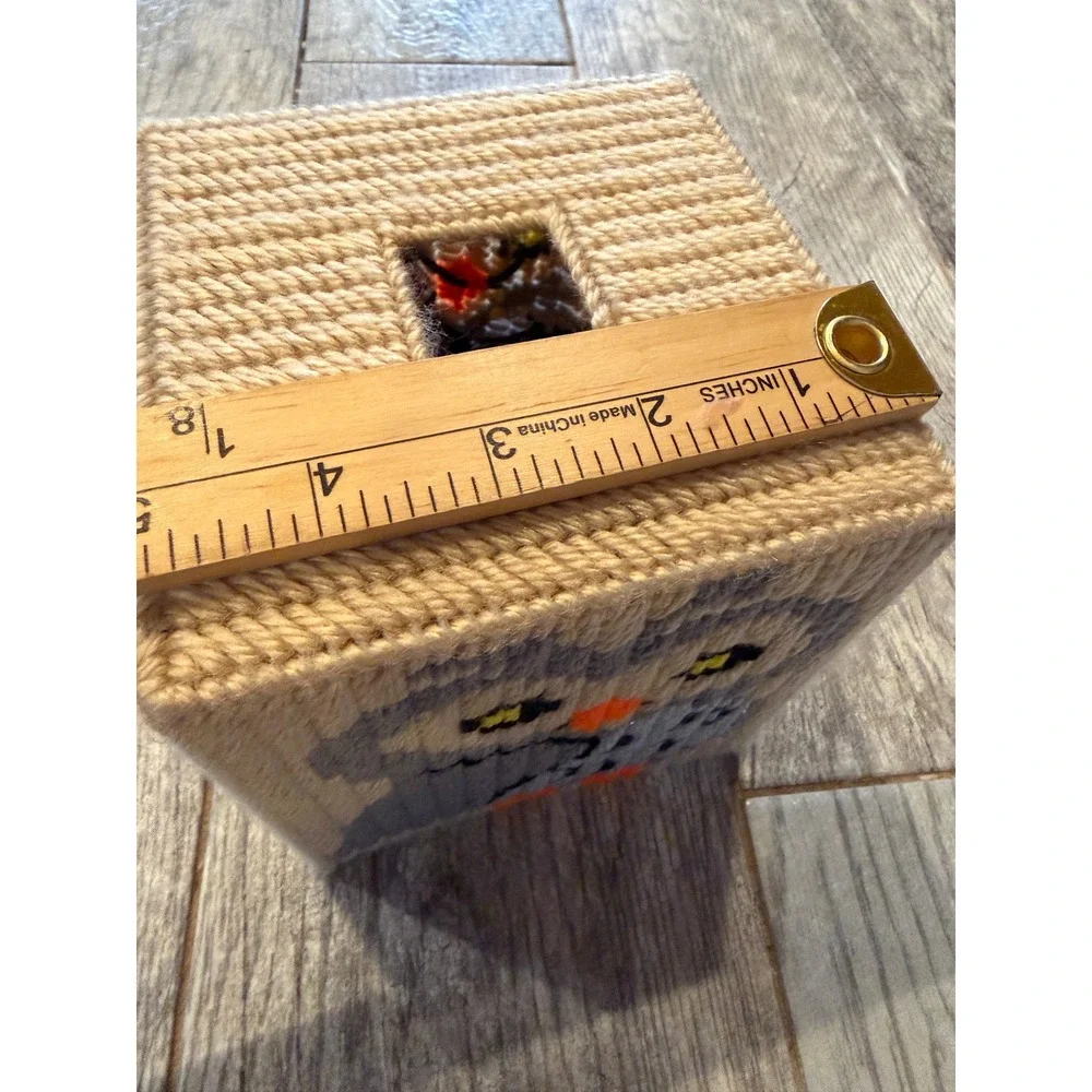 Needlepoint Tissue Box Cover Owl Moon Plastic Canvas Handmade Home Halloween